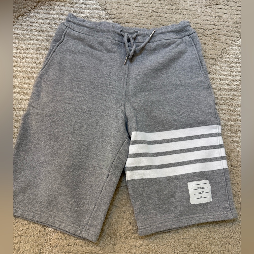 Thom Browne Gray Athletic Shorts With White Stripes